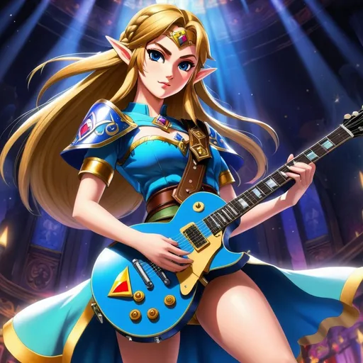 Prompt: Anime illustration of Princess Zelda as a captivating warrior, wielding a Gibson Les Paul, striking B cup, high-quality, detailed, anime, warrior princess, musical weapon, captivating gaze, detailed armor, fantasy, vibrant colors, electric guitar, intense lighting