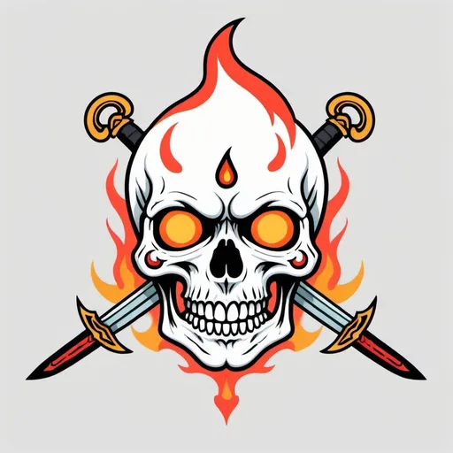 Prompt: Traditional tattoo skull, minimalist band logo, fire eyes, one sword coming out of mouth, face only, righteous holy wrath,Minimalist, traditional tattoo colors, whimsical, thin line art, flat color illustration, high quality