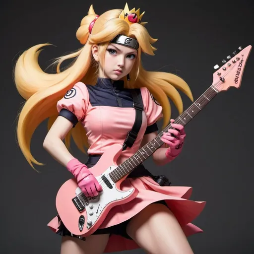 Prompt: Princess Peach, Drawn Naruto style in a kunoichi uniform, shredding an electric guitar