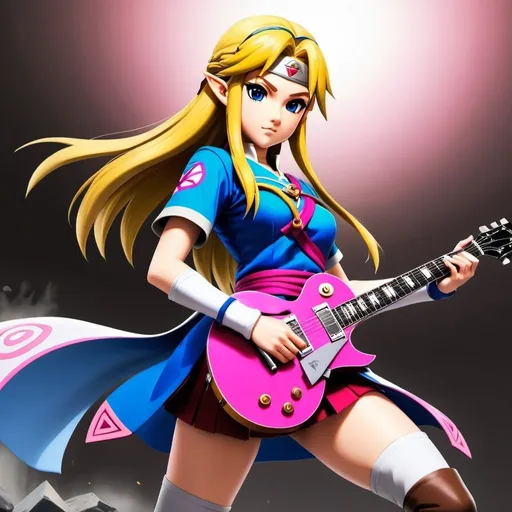 Prompt: HD Princess Zelda, Drawn Naruto style in a kunoichi uniform, shredding a pink and blue Gibson Les Paul guitar, full body