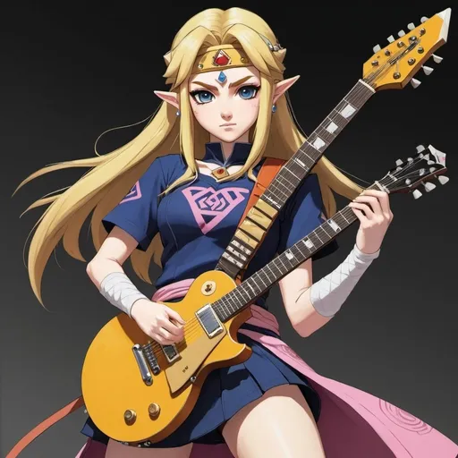 Prompt: Princess Zelda, Drawn Naruto style in a kunoichi uniform, shredding a Gibson Les Paul guitar