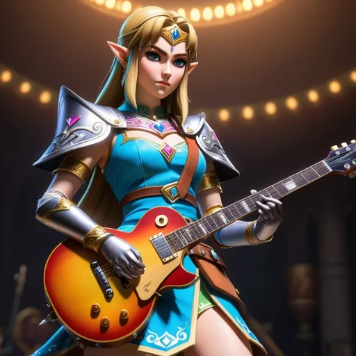 Prompt: Photo realistic Princess Zelda as a captivating warrior, wielding a Gibson Les Paul,  B cup chest, high-quality, detailed, anime outfit, warrior princess, musical weapon, captivating gaze, detailed armor, fantasy, vibrant colors, electric guitar, intense lighting, full body