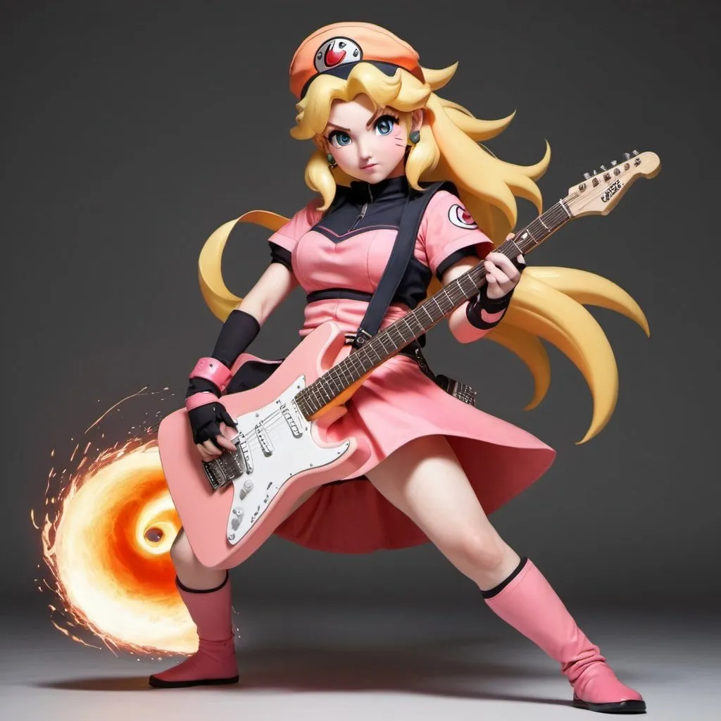 Prompt: Princess Peach, Drawn Naruto style in a kunoichi uniform, shredding an electric guitar