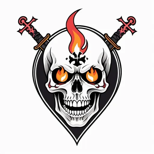 Prompt: Traditional tattoo skull, minimalist band logo, fire eyes, one sword coming out of mouth, face only, mouth open, Christian cross, righteous holy wrath,Minimalist, traditional tattoo colors, whimsical, thin line art, flat color illustration, high quality