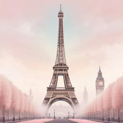 Prompt: Elegant digital illustration of the Eiffel Tower transposed in London, misty and dreamy atmosphere, iconic landmarks merging, pastel color palette, intricate architectural details, soft and romantic lighting, high quality, pastel colors, dreamy atmosphere, digital illustration, iconic landmarks, intricate details, soft lighting