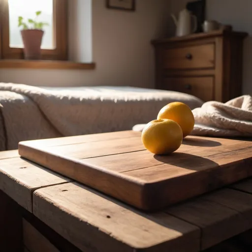 Prompt: An wooden board with a warm feeling, sunlight on it, cosy and farmhouse style
