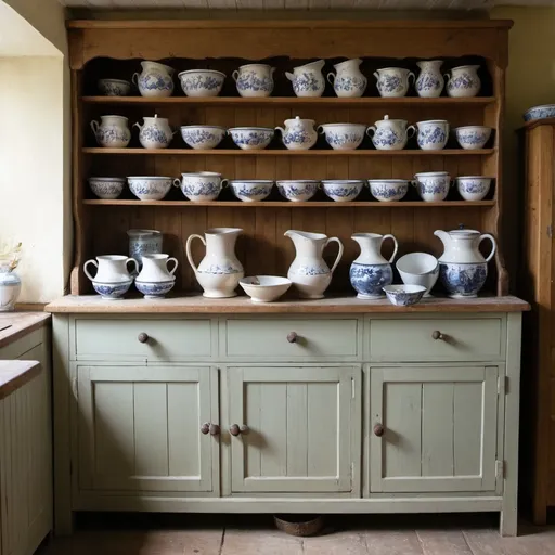 Prompt: A welsh dresser with jugs and mixing bowls in a farm kitchen

