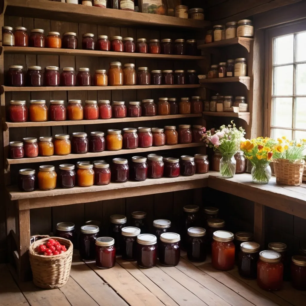 Prompt: A farm pantry stocked with jams and jars of preserves, old fashioned, fresh, warm, with flowers and a wooden floor

