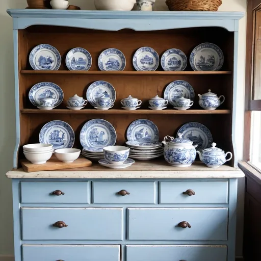 Prompt: A farm dresser with blue and white china and baking equipment

