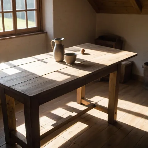 Prompt: A farmhouse wooden table with sunlight on it
