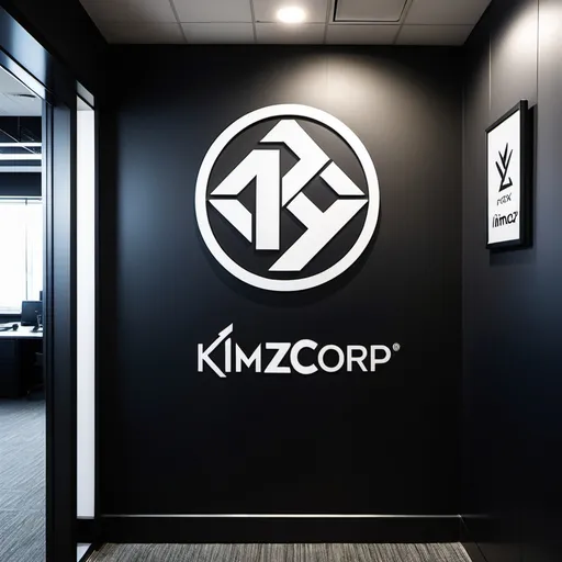 Prompt: An office entrance way with a logo for KIMZCORP on a black wall with a screen showing a forex chart above it