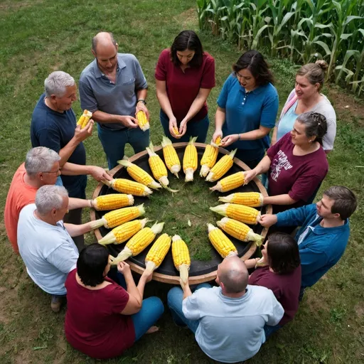 Prompt: People standing in a circle eating corn