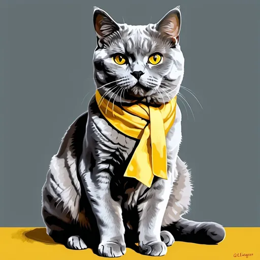 Prompt: Gil Elvgren and Norman Rockwell style full body British shorthair cat, grey fur, yellow eyes, oil painting, happy emotion, playful, Lou Xaz. No background with a touch of watercolor, Film noir, Photorealistic Chiaroscuro