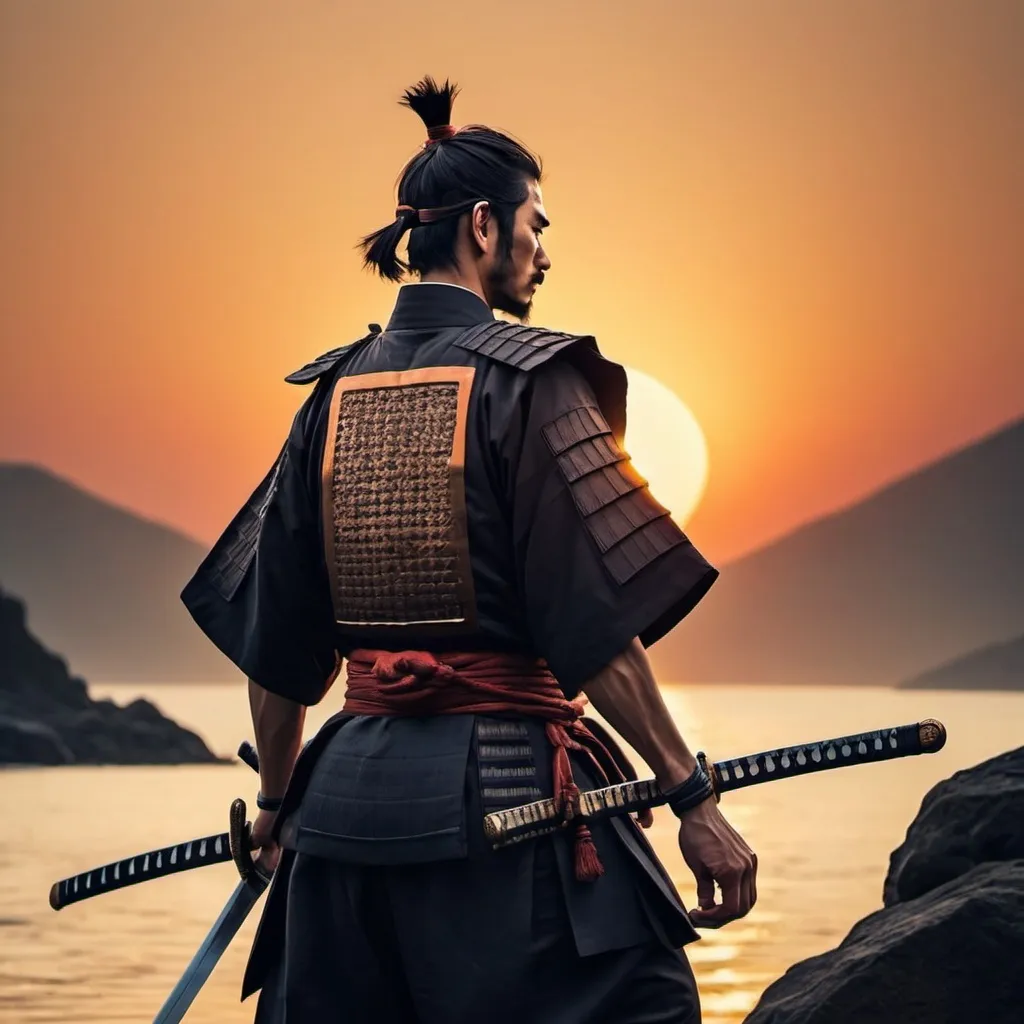 Prompt: Man،power، intelligent ،clever،wise sentence، samurai، sword، calmness، sunset، ready