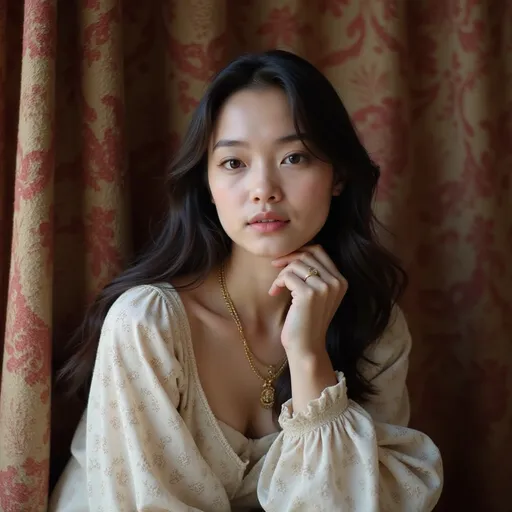 Prompt: A young woman gazes thoughtfully at the camera, her soft expression complemented by the gentle framing of her long, dark hair that cascades down one shoulder. She wears a light, floral-patterned blouse with billowing sleeves, suggesting a breezy atmosphere that contrasts with the textured backdrop of a rich, patterned fabric in warm tones of red and beige. The setting appears to be indoors, with the soft, natural light enhancing her features and casting a serene ambiance. Her hand rests delicately near her face, adding an element of contemplation to the scene, while the intricate details of her necklace subtly draw attention to her poised demeanor, suggesting a moment of quiet reflection.