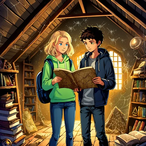 Prompt: A vibrant, heartwarming illustration of a 14-year-old girl and a boy standing in an old attic filled with cobwebs, dusty books, and mysterious trinkets. The girl (Ava) has curly dark hair, curious eyes, and wears a casual hoodie and jeans. She holds an ancient map that glows faintly. The boy (Ethan) has short blond hair, a mischievous grin, and is pointing excitedly at the map. Sunlight streams in through a small attic window, creating a magical atmosphere.