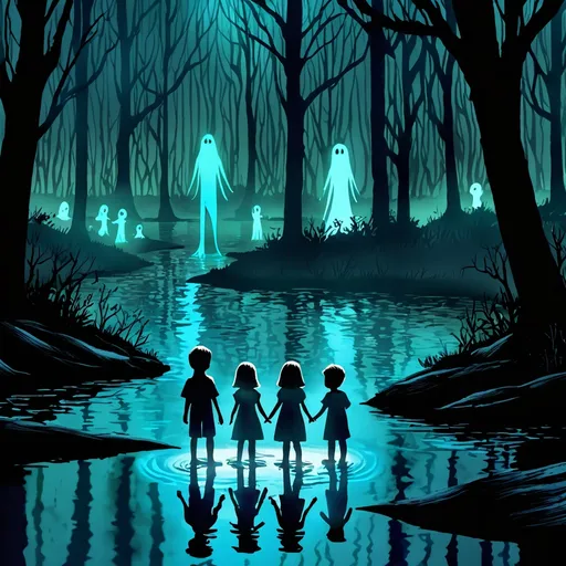 Prompt: A haunting yet magical scene of two kids (Ava and Ethan) standing before a wide, shimmering river in an enchanted forest. The river reflects not just their images but scenes from their past—Ava arguing with her family and Ethan avoiding his friend. The water glows faintly blue, and soft, ghostly figures rise from it, whispering regrets. The dense forest around them looks alive, with gnarled trees leaning over the water, as if listening. The atmosphere is emotional but not dark, with hints of hope in the warm glow of fireflies nearby.