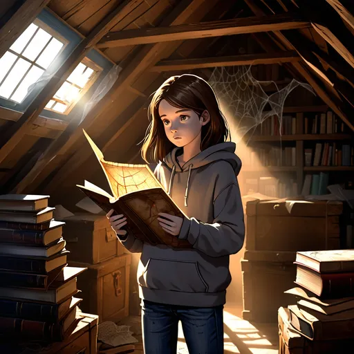 Prompt: A 14-year-old girl with shoulder-length brown hair, wearing a simple hoodie and jeans, standing in a dimly-lit attic filled with old, dusty items like trunks, books, and cobwebs. She holds a mysterious, glowing map in her hands, her face showing a mix of curiosity and awe. Soft sunlight filters through a small attic window, highlighting the map’s intricate details.