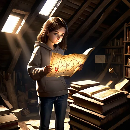 Prompt: A 14-year-old girl with shoulder-length brown hair, wearing a simple hoodie and jeans, standing in a dimly-lit attic filled with old, dusty items like trunks, books, and cobwebs. She holds a mysterious, glowing map in her hands, her face showing a mix of curiosity and awe. Soft sunlight filters through a small attic window, highlighting the map’s intricate details.