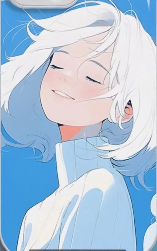 Prompt: a cartoon character with white hair and a blue background, hugging a woman's face with her eyes closed, Chizuko Yoshida, aestheticism, yukito kishiro, poster art