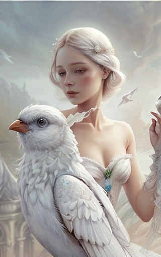 Prompt: a woman in a white dress with a bird  on her shoulder, Anna Dittmann, fantasy art, highly detailed digital painting, a storybook illustration