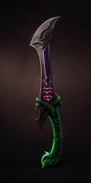 Prompt: A dagger with a dark green vine hilt and a black blade with Norse runes glowing purple