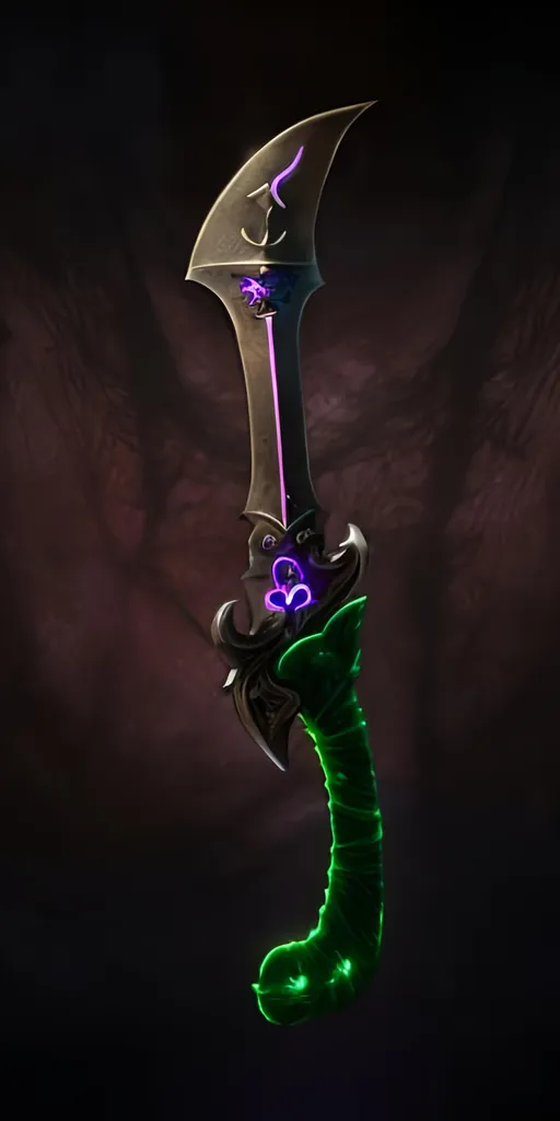 Prompt: A dagger with a dark green vine hilt and a black blade with Norse runes glowing purple