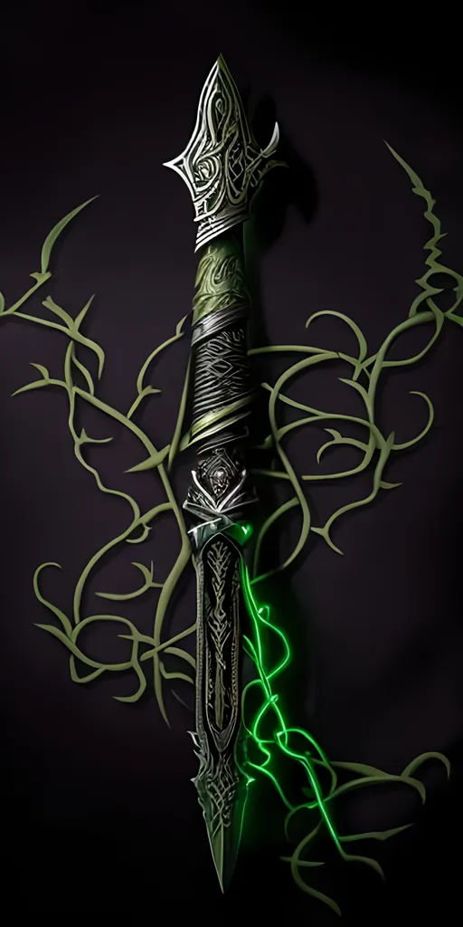 Prompt: A dagger with a dark green vine hilt and a black blade with Norse runes glowing purple