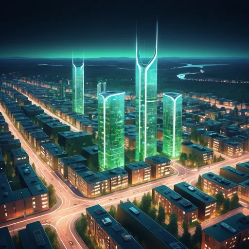 Prompt: Futuristic digital illustration of Lahti City, modern architecture with sustainable design, green rooftops, renewable energy sources, advanced transportation system, vibrant city lights, reflective skyscrapers, high-tech infrastructure, 4k resolution, ultra-modern, cyberpunk, cool tones, futuristic, sustainable, detailed cityscape, professional, atmospheric lighting