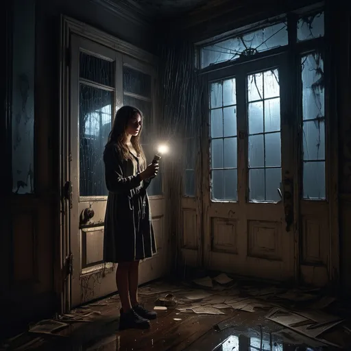 Prompt: A dimly lit abandoned mansion interior with rain visible through cracked windows. A young woman holding a flashlight stares at a locked, scratched door with cobwebs hanging around.