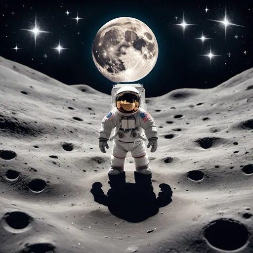 Prompt: Amidst the vast expanse of space, a brave spaceman sits on the moon, surrounded by the twinkling stars - a reminder of the infinite possibilities waiting to be explored but cartoonish