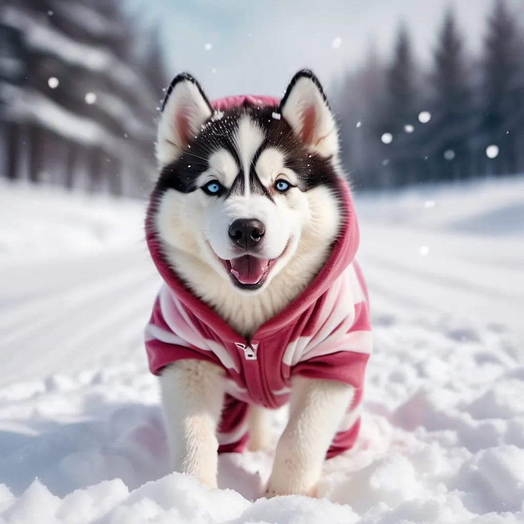 Prompt: Baby husky rolling in the snow, wearing a cozy onesie, cute raspberry nose, snowy landscape, high quality, digital art, winter wonderland, playful, fluffy snow, joyful expression, soft pastel tones, natural lighting