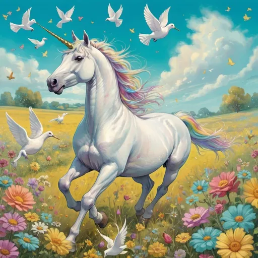 Prompt: a unicorn galloping through a field, with lots of colorful flowers, whispy clouds in a turquoise sky, with doves and yelloe birds flying beside the Unicorn.