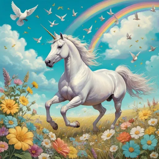 Prompt: a unicorn galloping through a field, with lots of colorful flowers, whispy clouds in a turquoise sky, with doves and yelloe birds flying beside the Unicorn.