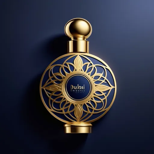 Prompt: (clearly designed logo), modern and sophisticated style, elegant typography, inspired by the luxurious essence of Dubai, uses rich gold and deep blue color palette, incorporates Arabian architectural motifs, appealing to high-end perfume market, captivating and memorable design, high-resolution, suitable for branding, aesthetically balanced composition, marketable asset for perfume shop.