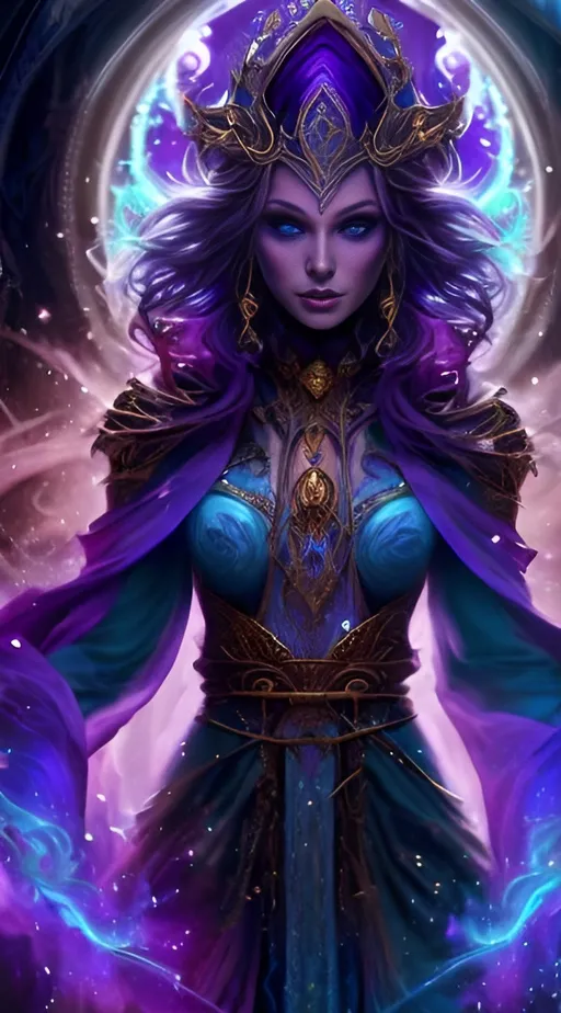 Prompt: Gorgeous female mage, mystical aura, flowing robes, intricate magical symbols, vibrant blue and purple color palette, high quality, fantasy, detailed facial features, elegant design, magical glow, professional, atmospheric lighting, mystical, fantasy, flowing robes, vibrant colors, detailed facial features, highres, ultra-detailed, elegant design, magical aura, enchanting, detailed hands