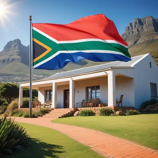 Prompt: (A house draped in the South African flag), vibrant colors, dramatic color contrasts, bright sunlight, festive atmosphere, ultra-detailed, high resolution, vivid scenery in the background, picturesque landscape, mountains or countryside setting, clear blue sky, lush green surroundings, photorealistic, stunning visual effect, cinematic angles, modern architecture elements, slightly exaggerated flag size, elements of South African culture, flags fluttering, capturing motion, warm tones.