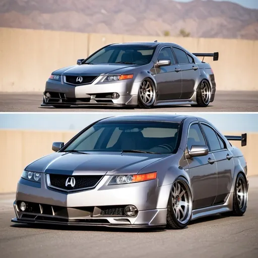 Prompt: make a gray 2006 acura tl into an extreme street racecar with hood scoop and a rear spoiler rearveiw




