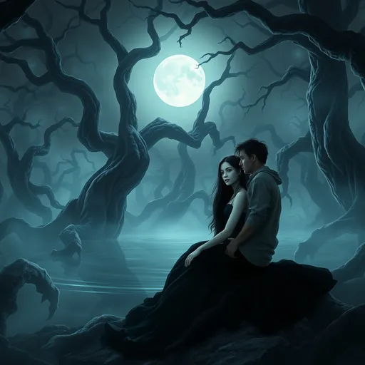 Prompt: A moonlit forest scene, shrouded in an eerie, magical mist. The environment is dominated by ancient, twisted trees with claw-like branches reaching out into the night sky. In the center, a still pool of water reflects the pale moonlight. A beautiful woman, Lila, sits gracefully by the pool. She has long, raven-black hair cascading over her shoulders, glowing pale skin with an almost ethereal shimmer, and a flowing black dress that seems woven from shadows. Her obsidian eyes hold a mysterious depth. Nearby, Ethan, a rugged man in his late twenties with tousled dark hair and sharp facial features, watches her cautiously, wearing casual explorer attire. The atmosphere is enchanting yet ominous, with faint whispers carried by the wind