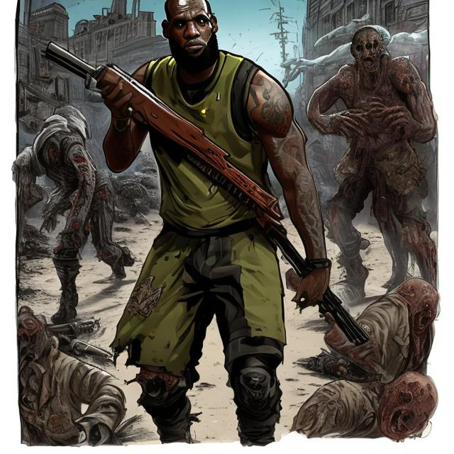 Prompt: lebron james as a wasteland fighter holding guns and shooting down a undead hoard of zombies