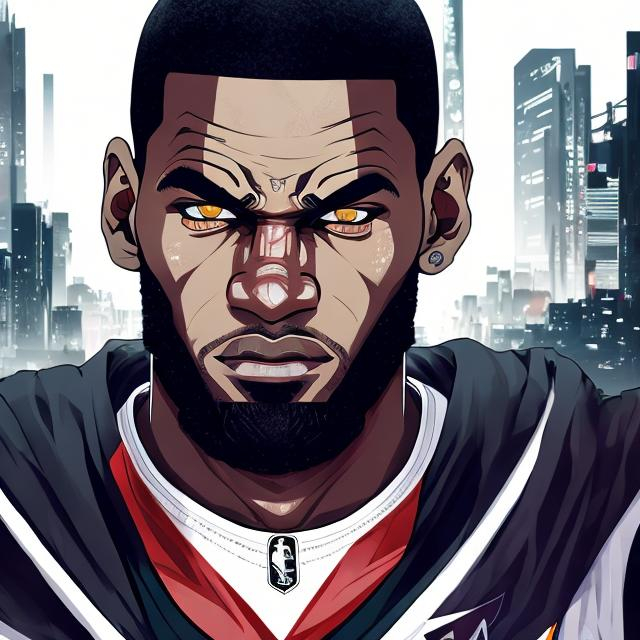 Prompt: Lebron James OC in anime style, futuristic urban setting, stylish basketball uniform, intense and focused gaze, detailed facial features, cool-toned, professional art quality, sporty, cool tones, detailed eyes, sleek design, futuristic setting, atmospheric lighting, intense stare, highres, ultra-detailed, anime fighting goku