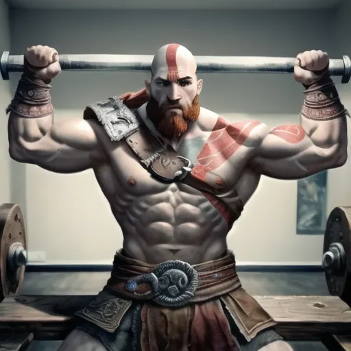 Prompt: kratos god of war doing a benchpress