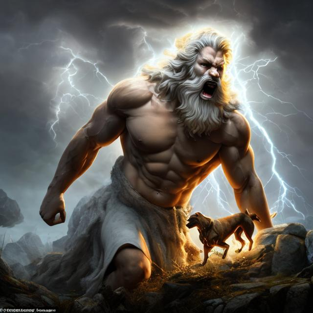 Prompt: Zeus losing fight to dog, mythological scene, digital painting, epic battle, godly lightning, majestic canine, Zeus in distress, dynamic action, highres, detailed fur, dramatic lighting, mythical, intense expression, powerful deity, atmospheric clouds, divine struggle, mythical, epic, digital painting, dynamic lighting