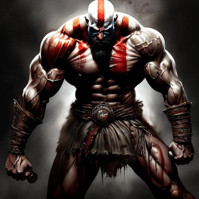 Prompt: nakked Kratos, detailed physique, realistic painting, well-defined muscles, intense expression, high quality, realistic, dark and gritty, dramatic lighting