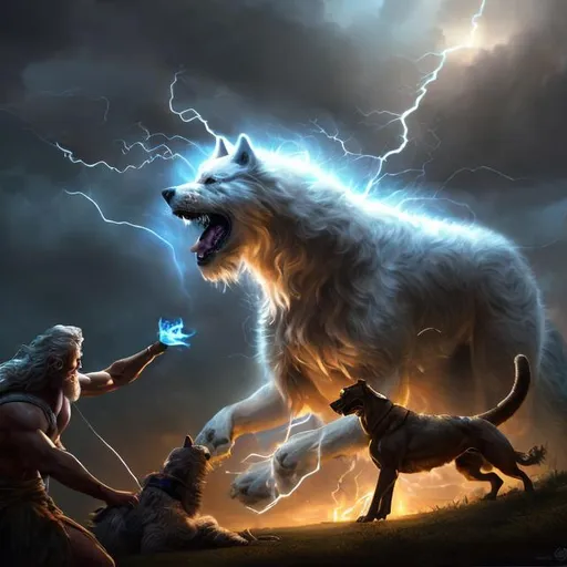 Prompt: Zeus losing fight to dog, mythological scene, digital painting, epic battle, godly lightning, majestic canine, Zeus in distress, dynamic action, highres, detailed fur, dramatic lighting, mythical, intense expression, powerful deity, atmospheric clouds, divine struggle, mythical, epic, digital painting, dynamic lighting