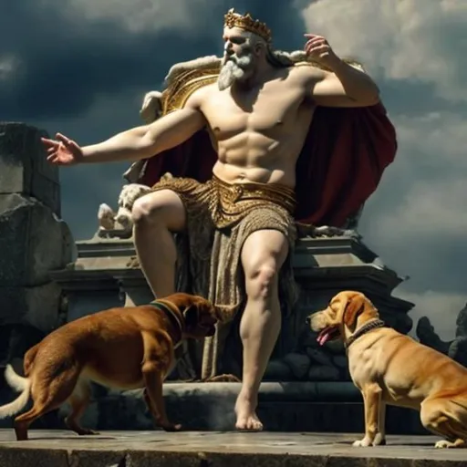 Prompt: Zeus the king of gods losing a fight to a dog