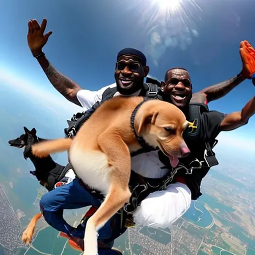 Prompt: lebron james skydiving with a dog