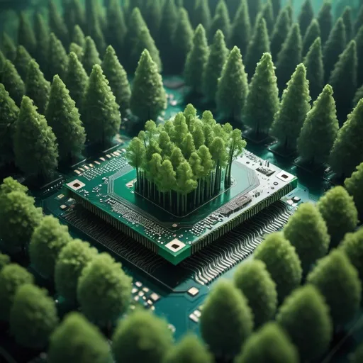 Prompt: A forest island growing from a silicon chip