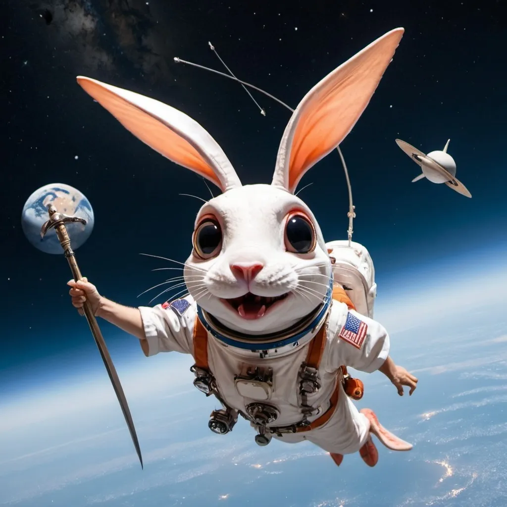 Prompt: A Brooklyn swordfish and an astronomical rabbit go to space