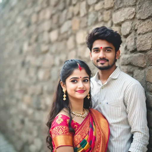 Prompt: Bathed in soft, diffused light, a cheerful pair stands against a textured stone wall, creating a friendly atmosphere. The young girl in the vibrant traditional attire, highlighted with intricate embellishments and a bright red border, gazes confidently at the camera with a slight smile, her hair neatly styled and a bindi adorning her forehead, radiating cultural charm. Beside her, the young man, dressed in a light-colored striped shirt, poses with a relaxed expression, showing a hint of playfulness in his demeanor. The background reveals hints of an outdoor setting, suggesting a casual outing or celebration, while the overall mood is one of warmth and camaraderie, inviting viewers into their joyful moment.